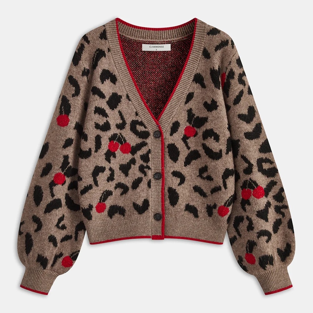NEW Commense Cherry Leopard Print Knit Cardigan